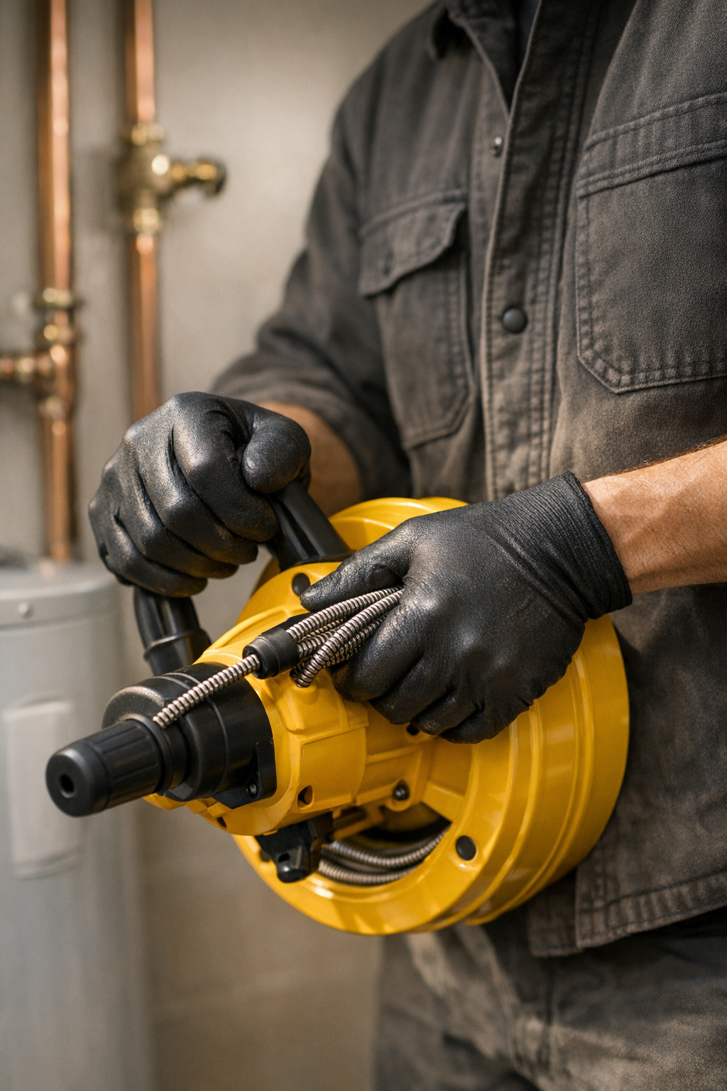 Drains ML technician gripping a professional drain auger in a Montréal basement
